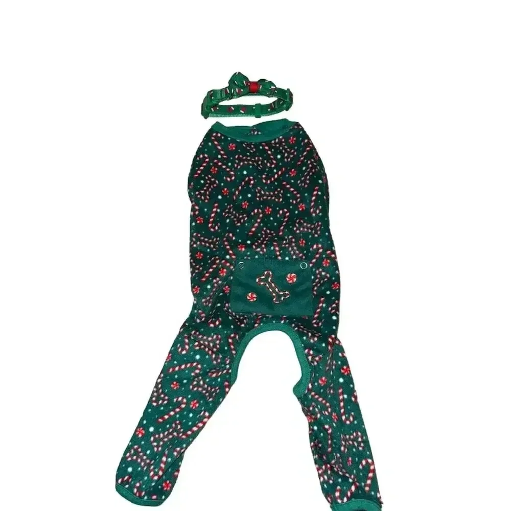 FuzzYard Dog Christmas footless long Pajamas Green Candy Cane Pattern S